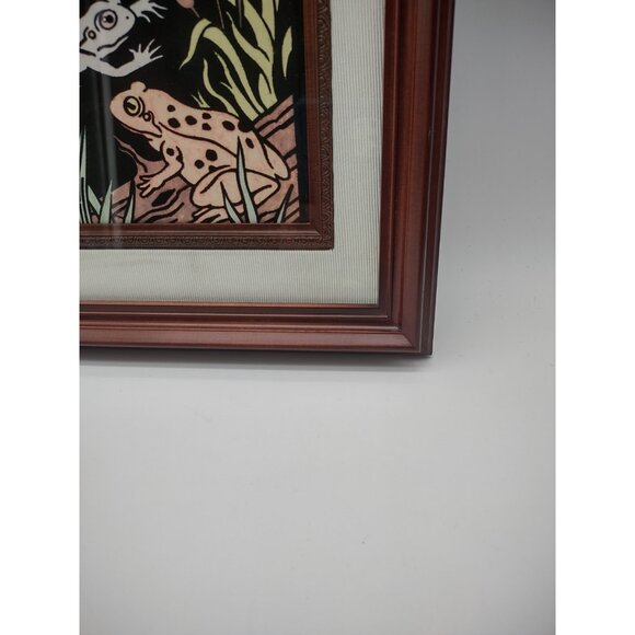 Vintage Dragonfly Frog Toad Pond Swamp Lake Foxtail Black Velvet Framed Painting - Picture 7 of 12